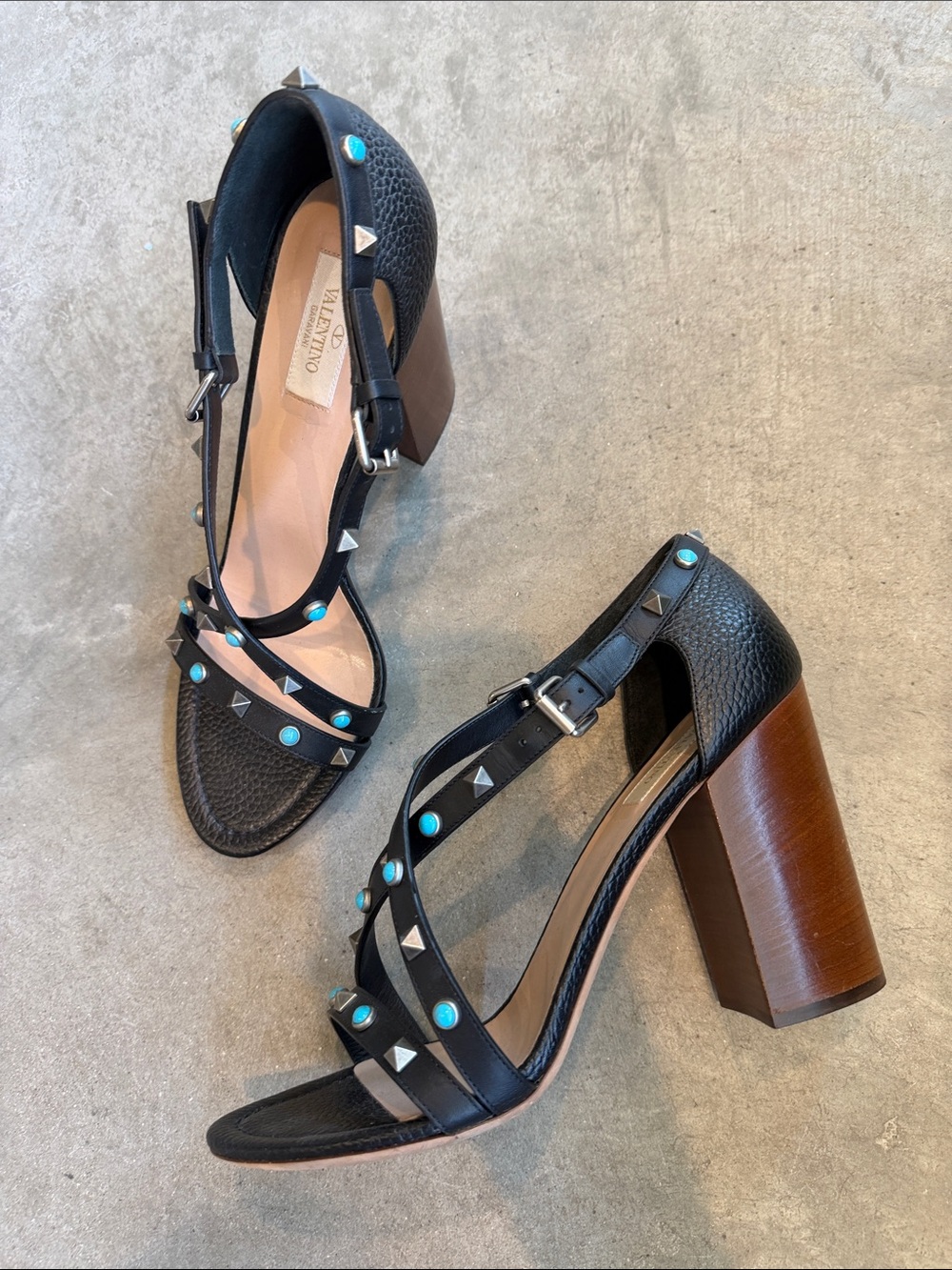 Valentino Black Leather Block Heel Sandals with Turquoise Studs